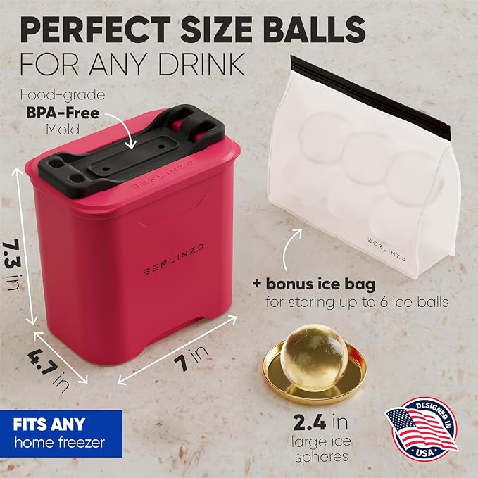 Berlinzo Ice Ball Maker Mold -2 Clear 2.4in Whiskey Spheres, Non-Electric | Silicone, BPA-free, whiskey and bourbon, slow-melt, easy release, 2-count, storage bag included