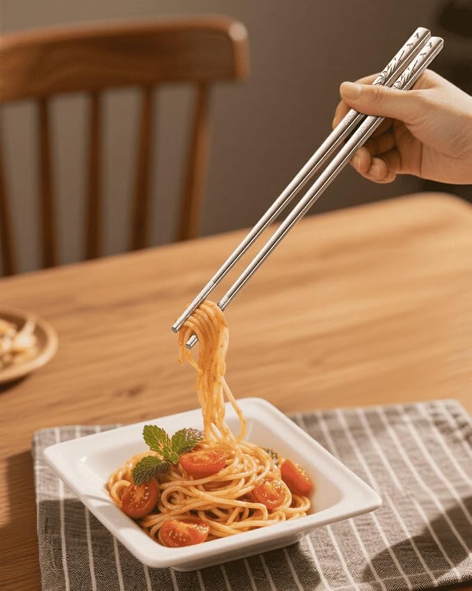 Stainless Steel Chopsticks - Laser-Engraved,Reusable metal chopsticks Non-Slip Tips, Dishwasher Safe Metal Utensils for Sushi, Cooking, Family & Gifts 9.25 Inches (Classic)