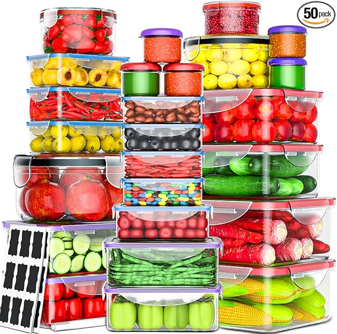 50 Pcs Large Food Storage Containers with Lids Airtight -85 OZ to Small Box | Total 526 Oz BPA Free Plastic Stackable Containers For kitchen Pantry Organization,Microwave Safe ( 25 Boxes - 25 Lids)