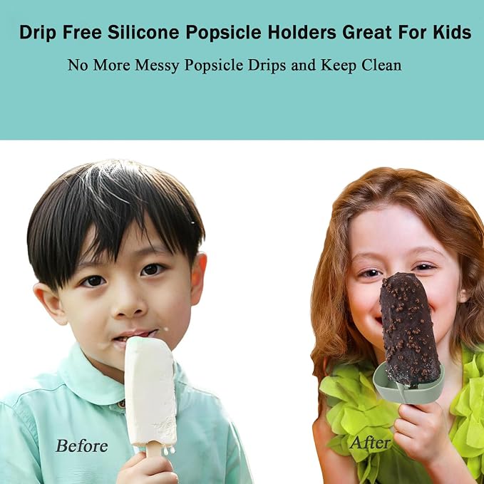 TuTuYa 4 Pack Drip Free Popsicle Holder, Reusable Silicone Ice Pop Stick Holder with Straw & 2 Slots Fit Standard and Wide size, Burr-Free Safety Healthy Mess Free Frozen Treats Holder for Kids