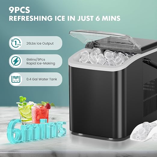 OLIXIS Ice Maker Machine with Handle,26lbs in 24 Hours,9 Cubes in 6 Mins,Auto-Cleaning Portable Ice Maker with Basket and Scoop, Countertop for Home, Kitchen, Camping, RV, Bright Black
