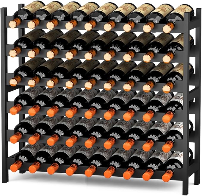 Bamboo Large Wine Rack, 6-Tier Freestanding Floor Bottle Storage Holder | 54-Bottle Storage | Wooden Wine Storage Organizer Shelves for Kitchen Bar, Cellar, & Dining Room | Black | Anti-Tip Kit