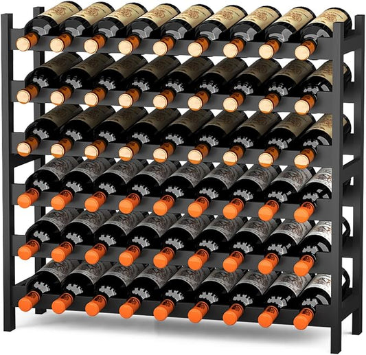 Bamboo Large Wine Rack, 6-Tier Freestanding Floor Bottle Storage Holder | 54-Bottle Storage | Wooden Wine Storage Organizer Shelves for Kitchen Bar, Cellar, & Dining Room | Black | Anti-Tip Kit