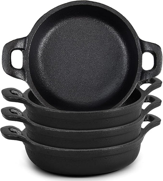 Mini Cast Iron Skillets 5 x 5 x 1.3 Inch Cast Iron Pan Small Ramekin Set Black Casserole Dish Cookware Oven Safe Mini Skillets for Kitchen Indoor Outdoor Picnic (4 Pack)