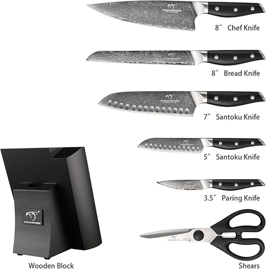 Damascus Knife Set with Block for Kitchen, VG10 Damascus Steel Kitchen Knife Set with Triple Rivet Handle, Chef Knife Set with Shears & Wooden Block, 7PCS
