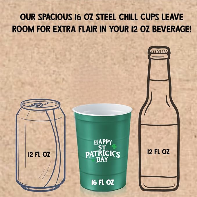 Steel Chill Cups 16 oz. Party Cups, St. Patrick's Day, Green, 12 Count | Made in USA from Steel these durable cups chill fast & keep your drink cold for longer, 100% recyclable for sustainablity