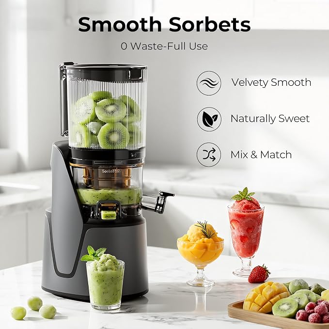 EanOruus Juicer Machines, 3-in-1 Cold Press Juicer, Premium Gray | Makes Juice, Nut Milk & Sorbet, 6.5" Extra Large Chute, 100oz Large Capacity, AC Motor