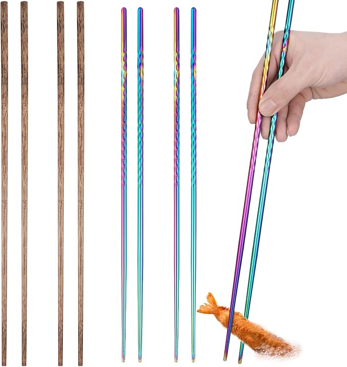 Patelai 4 Pairs Long Cooking Chopsticks 15.3 Inch & 16.5 Inch Extra Long Stainless Steel Wooden Noodles Chopsticks for Kitchen Cooking Frying Hot Pot, Non Slip Threaded(Mixed Color, Wood Color)