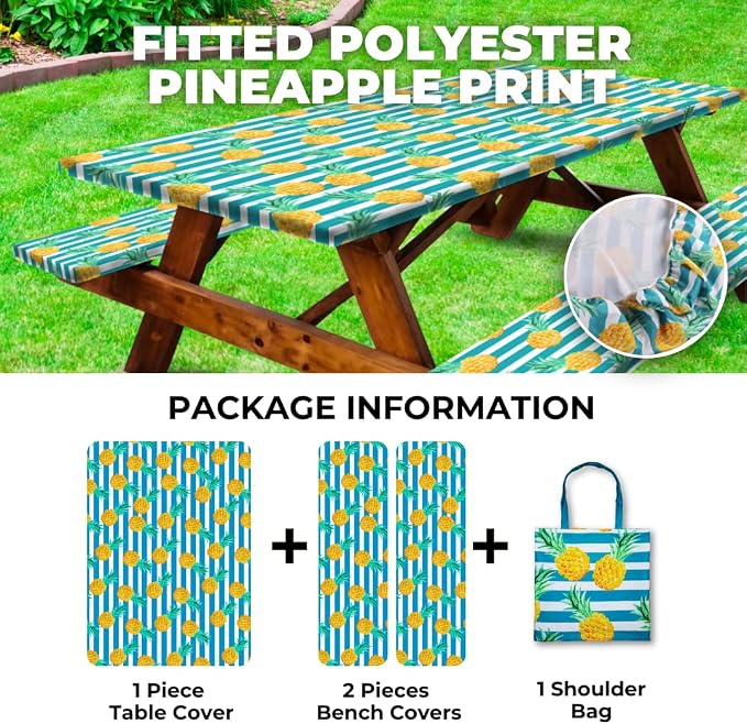 6ft Polyester Picnic Table Cover with Bench Covers Tablecloth Pineapple | Polyester Picnic Table Cover Windproof & Waterproof, Perfect for Camping Gifts & RV Essentials, Cool Camping Gadgets with bag