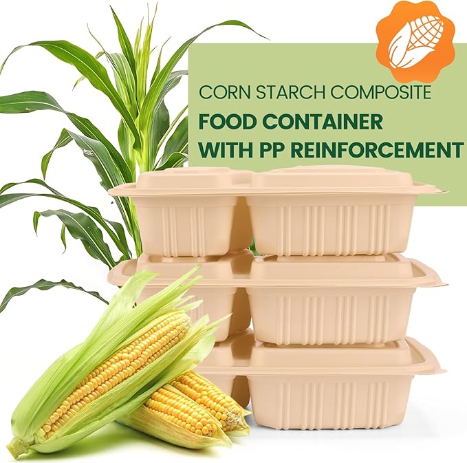 100 Piece (50 Pack) Meal Prep Containers Reusable - 2 Compartment 32 oz Cornstarch Snack Containers with Lids - Plastic Food Storage Salad Containers - To Go Lunch Box - Microwave & Freezer Safe