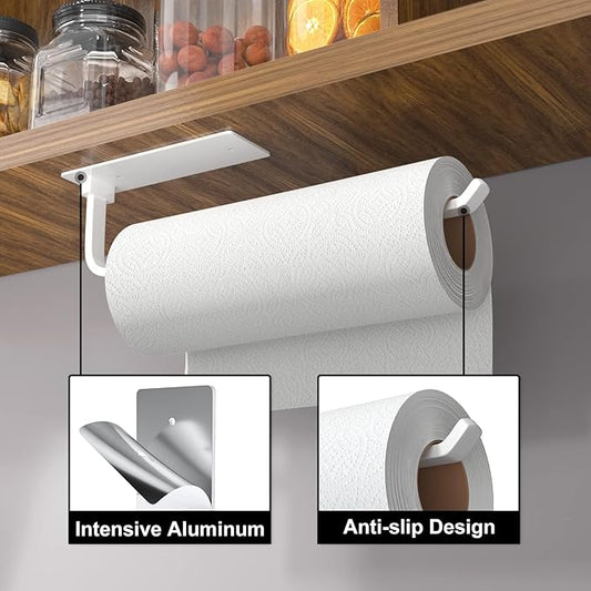 Paper Towel Holder - Self-Adhesive or Drilling, White | Under-Cabinet or Wall-Mounted | Kitchen Roll Dispenser | Upgraded Aluminum | Lighter Yet Stronger Than Stainless Steel