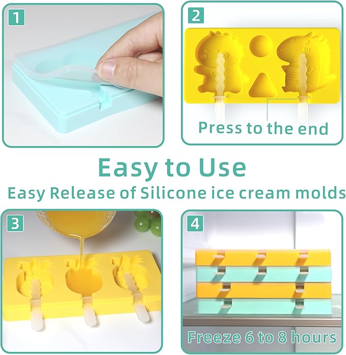 Kids Cartoon Popsicle Molds - 4 Pack, 10-Cavity Food-Grade Silicone Ice Pop Cream Molds, with Reusable Sticks, Non-Stick Flat Design, Easy Release, Stackable for Space Saving