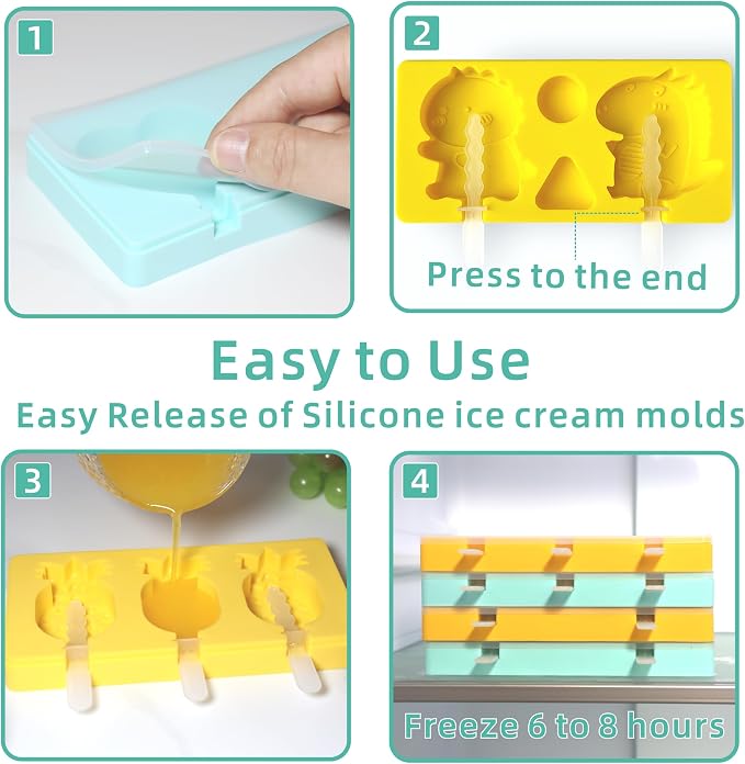 Kids Cartoon Popsicle Molds - 4 Pack, 10-Cavity Food-Grade Silicone Ice Pop Cream Molds, with Reusable Sticks, Non-Stick Flat Design, Easy Release, Stackable for Space Saving