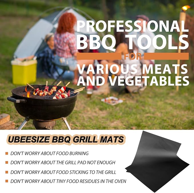 UBeesize Grill Mats for Outdoor Grill Set of 6 - Heavy Duty Non-Stick BBQ Grilling Mat & Oven Liner, Reusable, Easy to Clean - Works on Oven, Gas, Charcoal, and Electric BBQ - 15.75 x 13 Inch