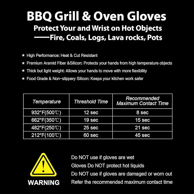 BBQ Grill Gloves Heat Resistant, 1472℉ Heat Resistance Fireproof Glove for Grilling Smoking Barbecue Oven Mitts Extreme Hot Proof Mittens for Kitchen Cooking Baking