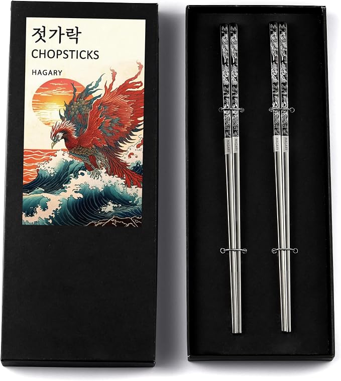 Phoenix Chopsticks Metal Reusable Designed In Korea Japanese Style Stainless Steel 316 18/10 Non-Slip Dishwasher Safe Laser Etched (Black - 2 Pairs)
