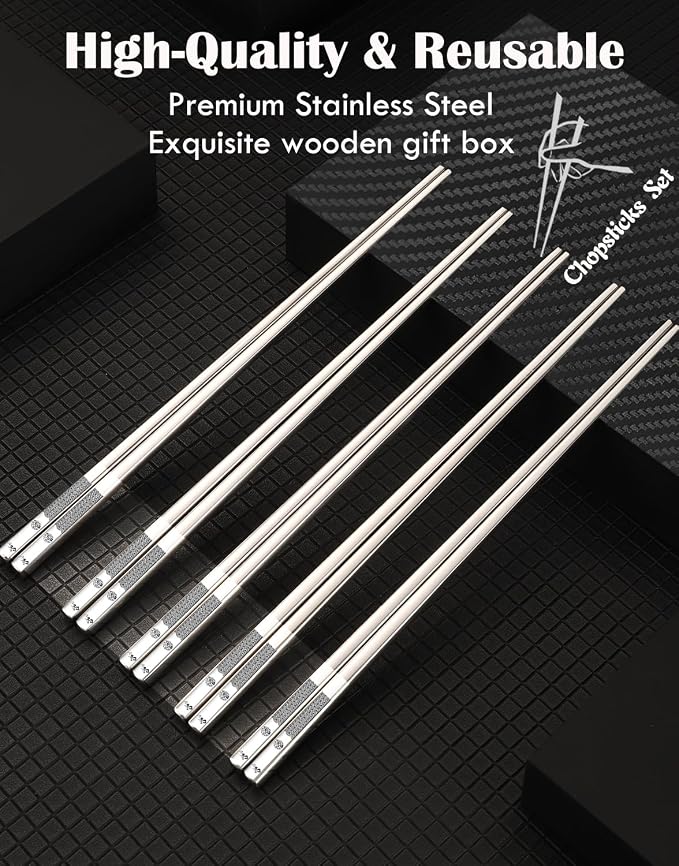 Metal Chopsticks Reusable 5 Pairs 18/8 Stainless Steel Chopsticks Sea Wave | Dishwasher Safe,Non-Slip Grip,Good for Beginners,Come in a Gift Box,SUS304 Resistant to Rust,Square,Chop Sticks Silver,9.25''