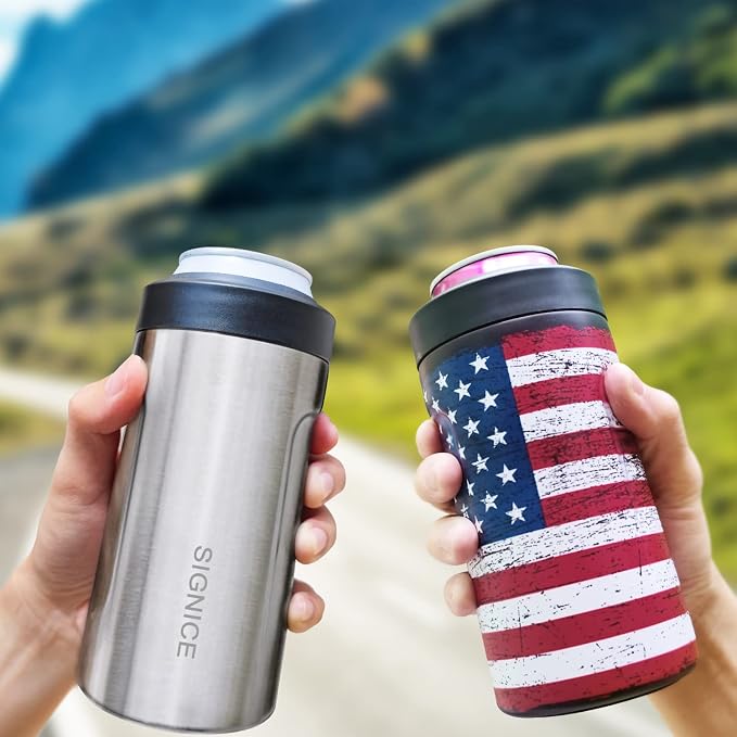 3 In 1 Insulated Universal Can Cooler - Signice Double Walled Vacuum Insulator Stainless Steel Slim Can Cooler for 12 Oz Skinny Tall Standard Regular Can Beer Bottle (Stainless)