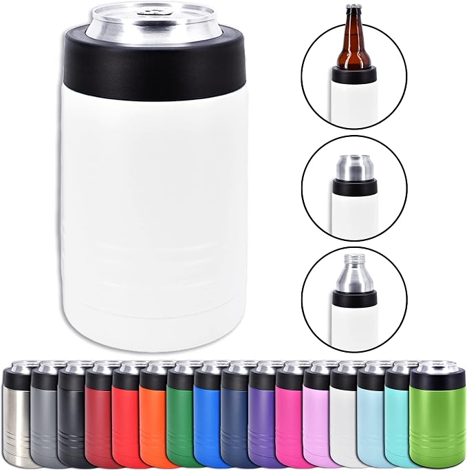 4-in-1 Stainless Steel 12 oz Double Wall Vacuum Insulated Can or Bottle Cooler Keeps Beverage Cold for Hours - Also Fits 16 oz Cans - Powder Coated White - Clear Water Home Goods