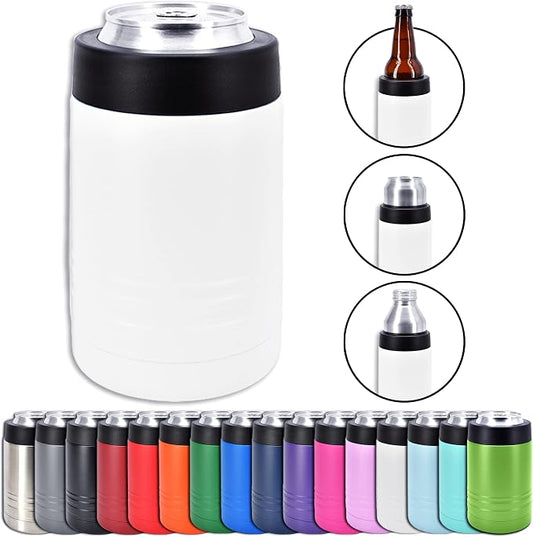 4-in-1 Stainless Steel 12 oz Double Wall Vacuum Insulated Can or Bottle Cooler Keeps Beverage Cold for Hours - Also Fits 16 oz Cans - Powder Coated White - Clear Water Home Goods
