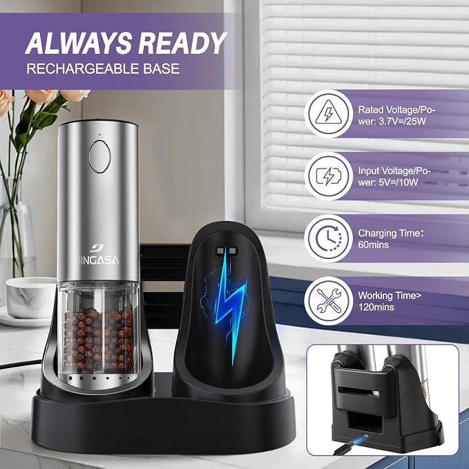 Electric Salt and Pepper Grinder Set, Automatic Pepper Mill Grinder w/Upgraded Charge Base and LED Light,Adjustable Coarseness (Upgraded version of transfer)