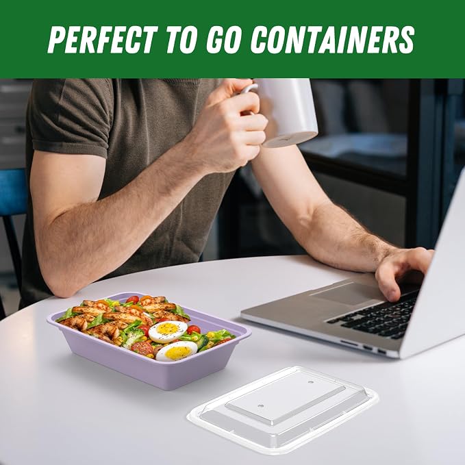 50 Pack (100-Piece) 32 oz Meal Prep Containers with Easy Open Lids, Lilac | Sturdy Leakproof & Food Safe, Microwave, Freezer, Dishwasher Safe Prep Containers, To Go Take Out Plastic Food Storage