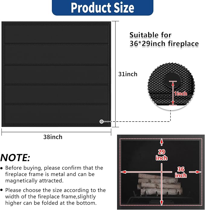 Fireplace Cover, Magnetic Fireplaces Blocker Blanket Stops Heat Loss, Indoor Fireplace Draft Stopper Save Energy, Magnetic Fire Place Draft Cover for Iron Fireplaces Frame (38"x31")