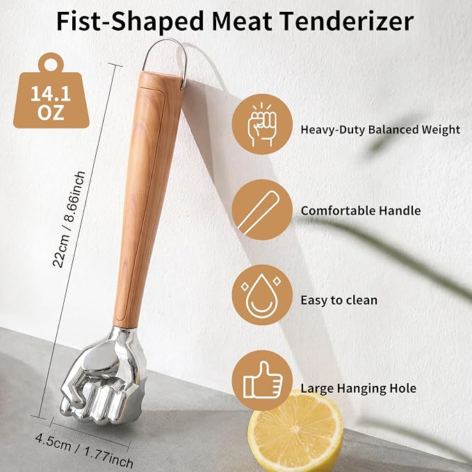 Meat Tenderizer Hammer, 14 oz Heavy Duty Meat Mallet Pounder | Fist-Shaped, Wood-Grain Non-Slip Handle, Dual-Sided Kitchen Hammer for Steak, Chicken & Pork
