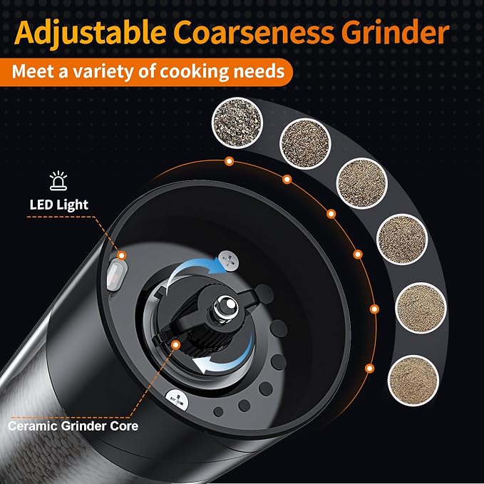 2Pack Electric Salt and Pepper Grinder Set USB Rechargeable with Warm LED Light, Adjustable Coarseness Lidaop Large Capacity Automatic Salt Pepper Mill Shakers for Kitchen, Restaurant, Outdoor, Black
