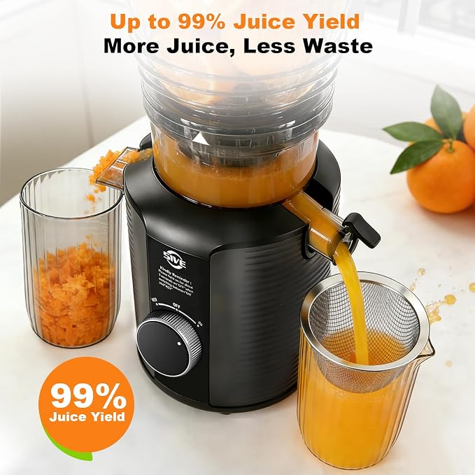 5ive Cold Press Juicer, 5.8 Inch Wide Chute Slow Masticating Extractor | 1.7 L Slow Juice Extractor for Whole Fruits Veggies, Easy Clean Electric Maker with Recipe Guide, Rate of 99% juice