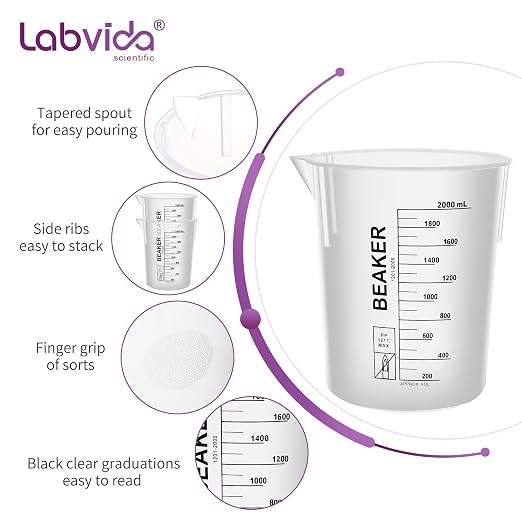 Plastic Beakers, Vol.2000ml(67.64oz) Stackable Measuring Cup with Black Scale line, Plastic Pitcher PP material Ideal for Science Activities and Household Use, LVB017