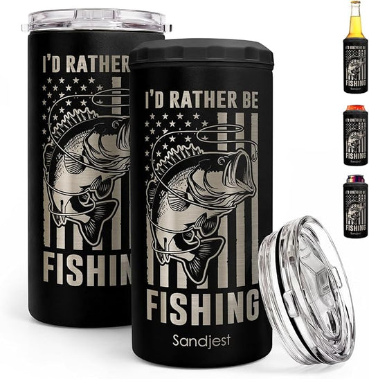 I'd Rather Be Fishing American Flag Can Cooler 12oz - Travel Mug Cup - Stainless Steel Insulated for Men Fishermen - Tumbler Cans Koozie, Gift for Dad Brother Christmas, Birthday, Father's Day