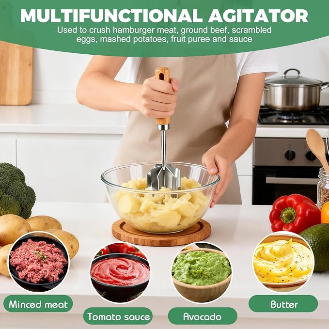 304 Stainless Steel Meat Chopper & Masher - Heavy Duty 6 Curve Blades Ground Beef Chopper Tool Potato Masher Hamburger Smasher Tool