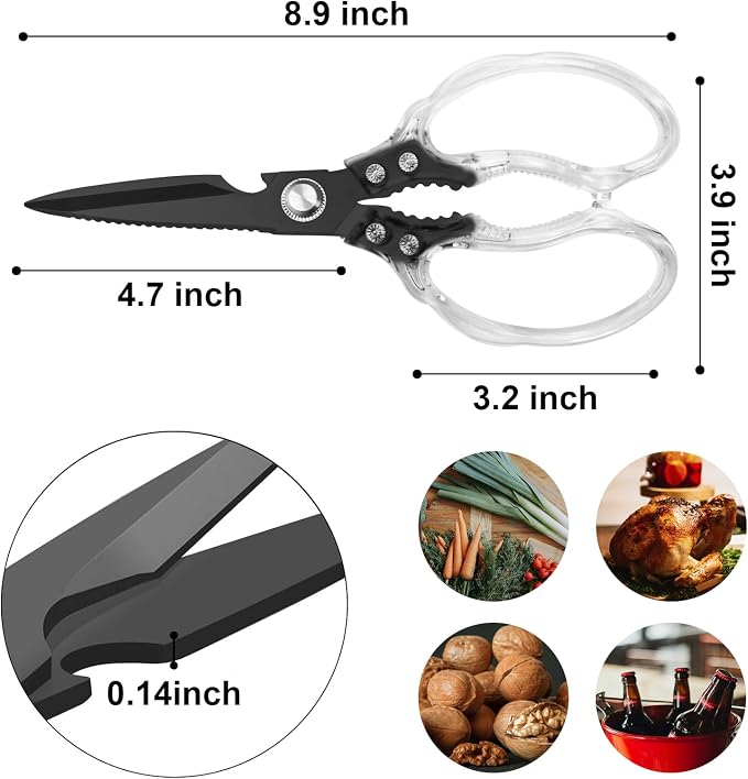 CGBE Kitchen Scissors, Multi-Purpose Kitchen Shears, Heavy Duty Food Scissors for Chicken, Poultry, Fish, Meat & Herbs with Non-Slip Grips (Transparent Black)