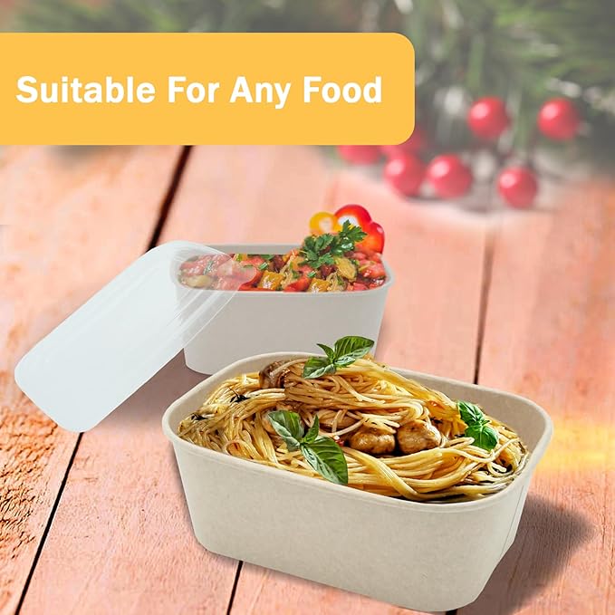 50 Pack 32 OZ Large Paper Bowls with Lids, Heavy Duty Disposable Compostable Container for Party, Disposable Bowls Bulk Soak-Proof and Microwave Safe for Hot/Cold Use(32OZ-50PACK)