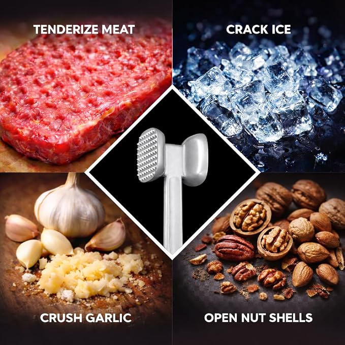 HIC Kitchen Non-Stick Dual-Sided Meat Tenderizer Mallet Marinating Prep Tool, Toothed And Plain Heads, Silicone-Coated, For Flattening Cutlets And Tenderizing Meat