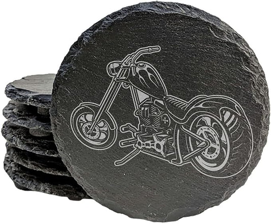Level Up Your Man Cave: Rustic Chopper Coasters for The Motorcycle Enthusiast - Round Slate - Set of 6