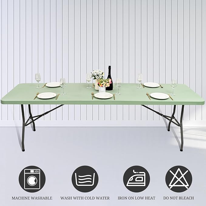 10 Pack Fitted Tablecloth for 8 Foot Rectangle Tables, Sage Green Elastic Outdoor Picnic Table Cover, Washable Stretch Folding Table Cloths 8 ft for Camping Party Patio Kitchen Banquet, 30" W x 96" L