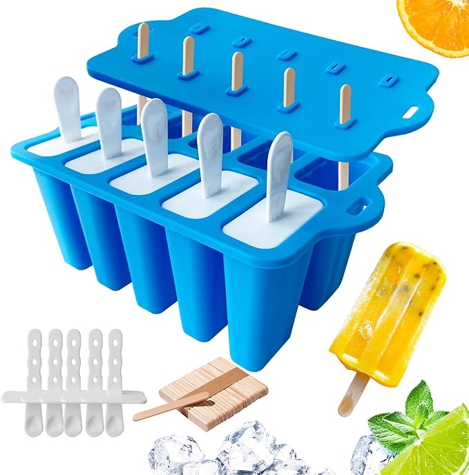 Silicone Popsicle Molds with Sticks, Easy Release Popsicle Maker Mold Set, BPA Free Ice Pop Mold, 10-Cavity Homemade Ice Cream Mold for Kids, Toddlers, Adults