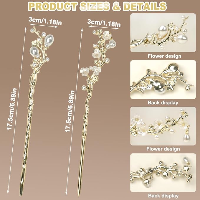 2Packs Lily of the Valley Chinese Hair Sticks for Buns, Pearl Flower Vintage Metal Hair Chopsticks for Women and Girls Dangle Tassel Pendant Accessories Hanfu Handmade Decor Hairpin (gold white)