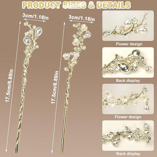 2Packs Lily of the Valley Chinese Hair Sticks for Buns, Pearl Flower Vintage Metal Hair Chopsticks for Women and Girls Dangle Tassel Pendant Accessories Hanfu Handmade Decor Hairpin (gold white)