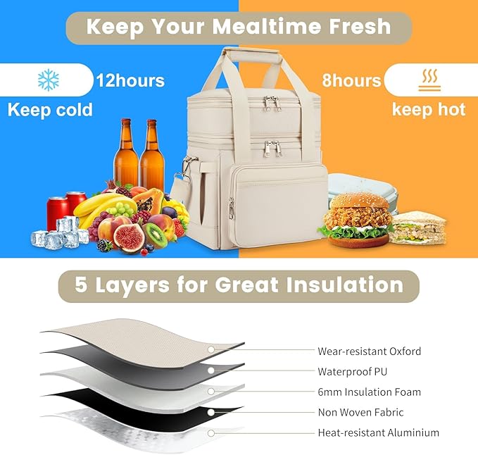 holuxer Insulated Lunch Bag & Lunch Box for Women - Double Deck Reusable Lunch Bag for men Tote Cooler Bag Leakproof Soft Expandable - Large Lunchbox for Work/Adult/Picnic/Outdoor (Cream，15L)