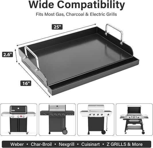 25" x 16" Nano-Ceramic Nonstick Cast Iron Griddle - 23lb Heavy Duty - Universal Flat Top with Grease Groove, Reinforced Ridges & High Sidewalls, for Gas/Charcoal Most Grill Brands