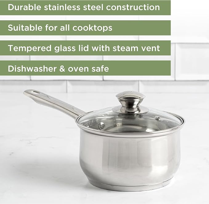Ecolution Stainless Steel Sauce Pan, Encapsulated Induction Ready Cooking Pot with Glass Lid, Oven Safe, Dishwasher Safe Soup Pot, 2-Quart