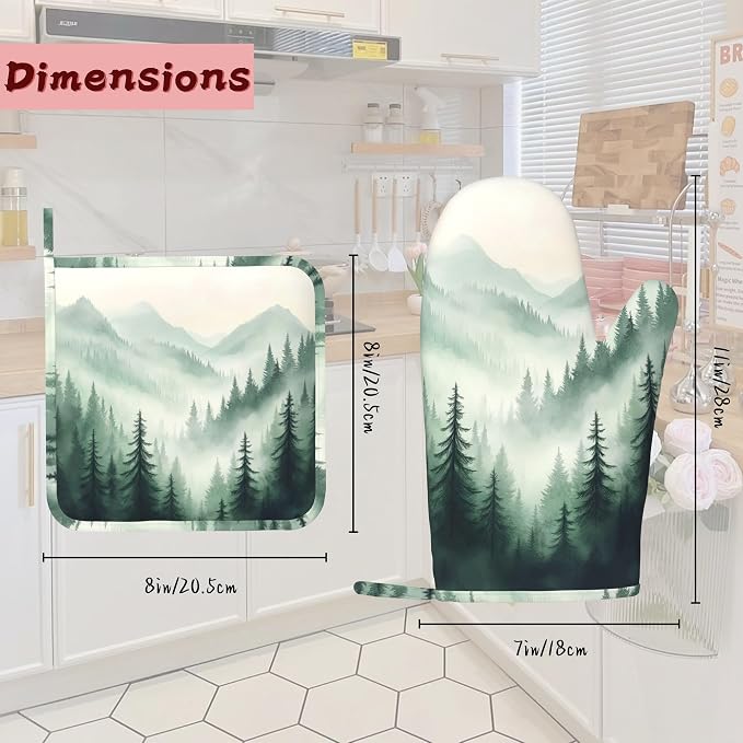 Misty Forest Mountain Heat-Resistant Silicone Oven Mitts and Pot Holders,Long Oven Gloves with Non-Slip Grip for Cooking, Baking, Grilling,BBQ