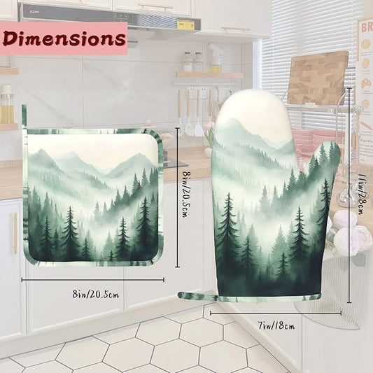 Misty Forest Mountain Heat-Resistant Silicone Oven Mitts and Pot Holders,Long Oven Gloves with Non-Slip Grip for Cooking, Baking, Grilling,BBQ
