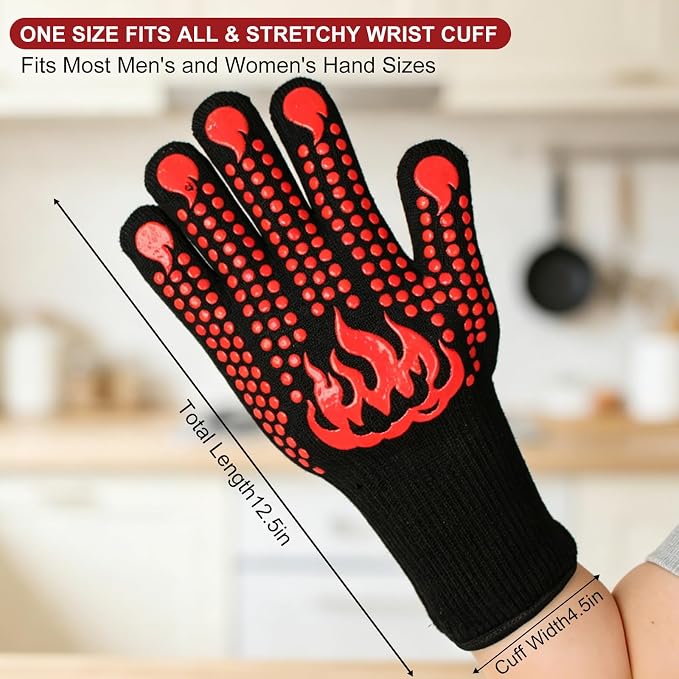 BBQ Gloves Heat Resistant 1472°F, Long Cuff Aramid Fiber Oven Mitts with Non-Slip Silicone, Grilling Gifts for Men, Dad, Husband, Smoker and Kitchen Cooking, Black/Red