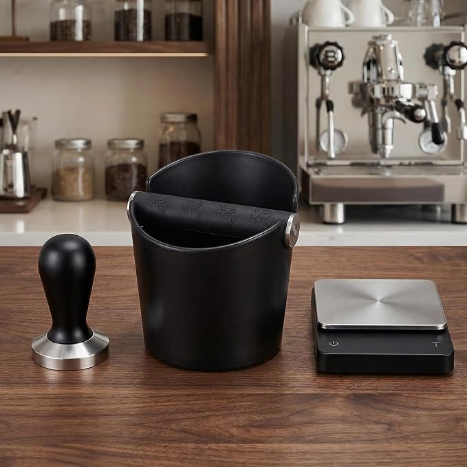 Coffee Knock Box, Espresso Knock Box, Coffee Bin, Espresso Dump Bin, 4.8 Inch Shock-Absorbent Durable Barista Style Espresso Knock Box with Removable Metal Knock Bar and Non-Slip Base(Round) | Ailelan Coffee Knock Box, Espresso Knock Box, Coffee Bin, E...