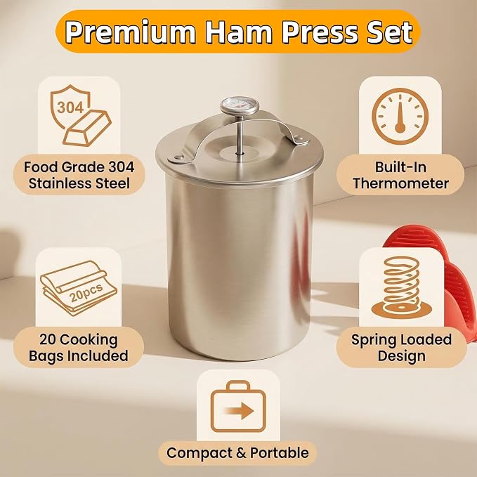 Deli Meat Press Stainless Steel with Thermometer, Lunch Meat Press Mold, Ham Maker Meat Press Tool, with 20 Cooking Bags + 2 anti-scalding clips, for Making Sandwich (Deli Meat Press Set)