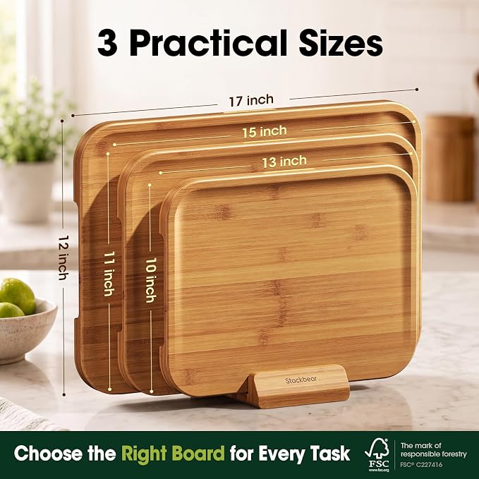 Bamboo Cutting Board Set of 3 with Stand, Non-toxic | Deep-Carbonized FSC-Certified Bamboo | 3 Large Sizes, Reversible prep & Serving Sides, Sloped Groove & Corner Sauce Well